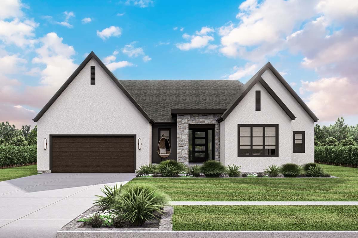 House plan exterior with two gables, dark garage door, stone entryway, and dark trim. The Modern Farmhouse design has one story.