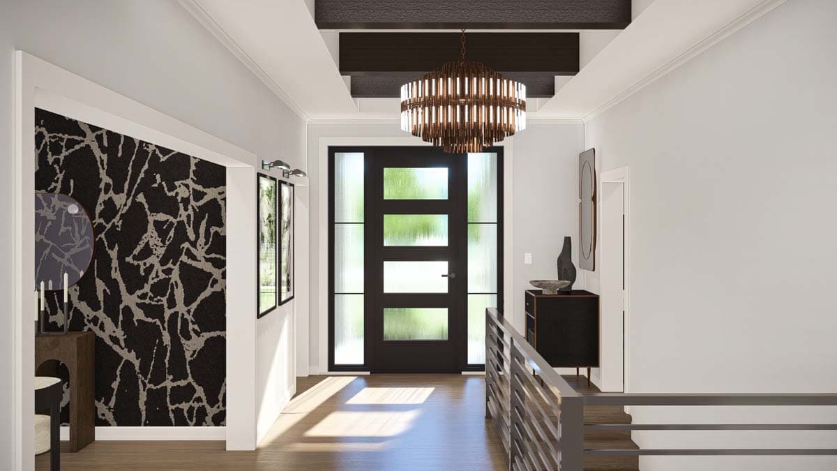 Modern entry foyer with geometric wallpaper, dark wood accent ceiling beams, multi-pane front door, and contemporary chandelier.