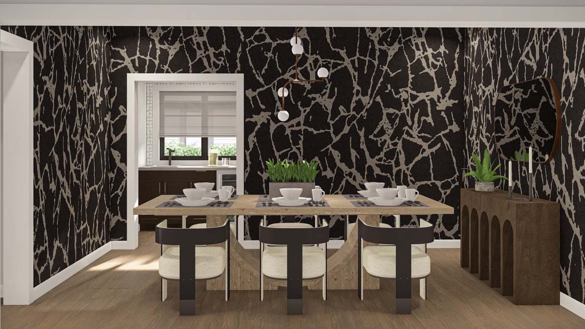 Dining room rendering with a wooden table set for six, dark patterned wallpaper, and a doorway to a kitchen.