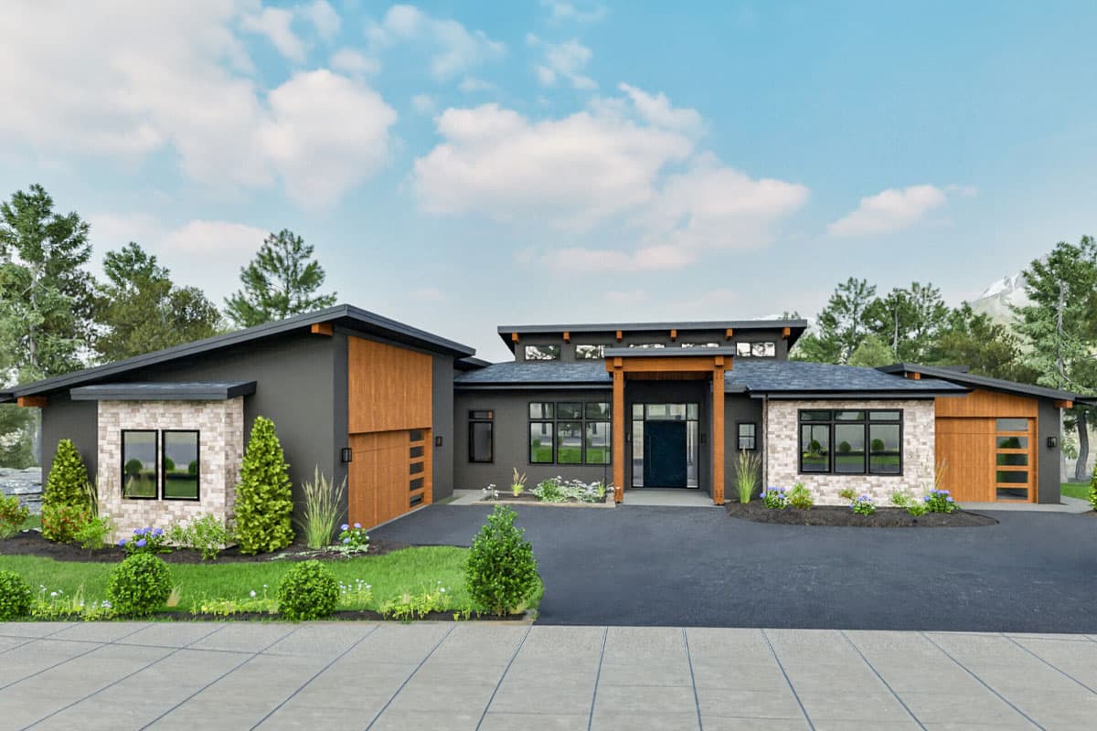 House plan exterior. Modern style with flat rooflines, wood accents, and attached garages. Features include an entry portico and large windows.