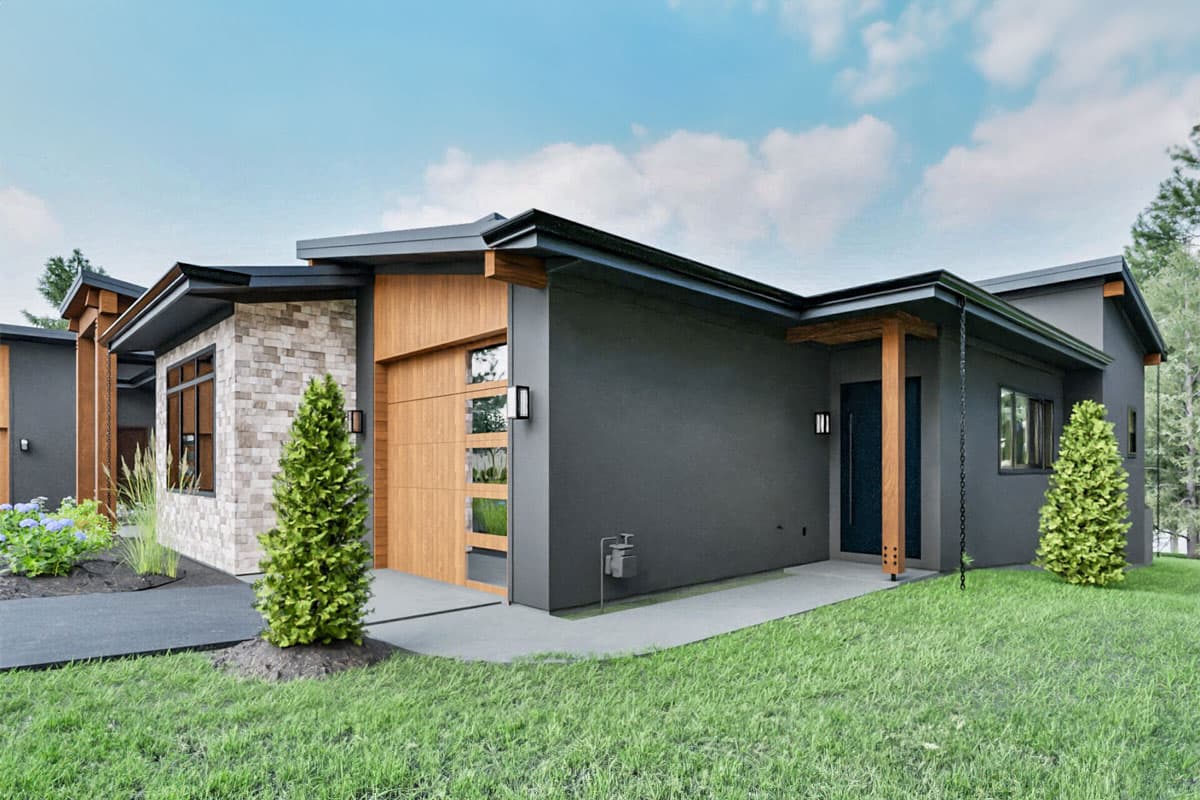 House plan exterior: Modern style, one-story home with stone and wood accents, flat roof, and multi-panel garage door.