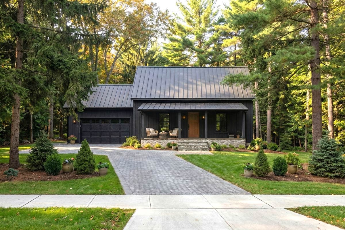 Modern Farmhouse style house plan exterior with dark siding, metal roof, covered porch, and attached garage.