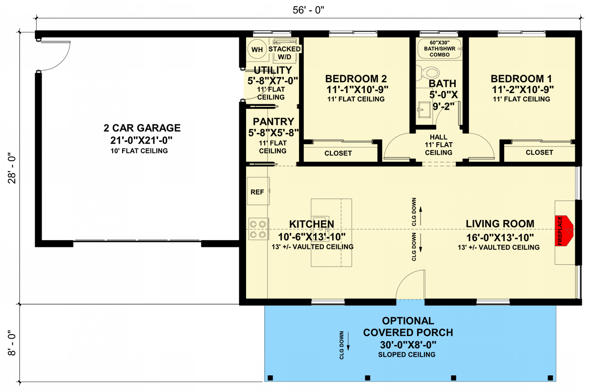 Plan 420157WNT: 2-Bed Farmhouse-Style ADU with 2 Car Garage - 980 Sq Ft - Floor Plan - Main Level - Cabin, Cottage, Farmhouse, Modern Farmhouse, New American, Traditional