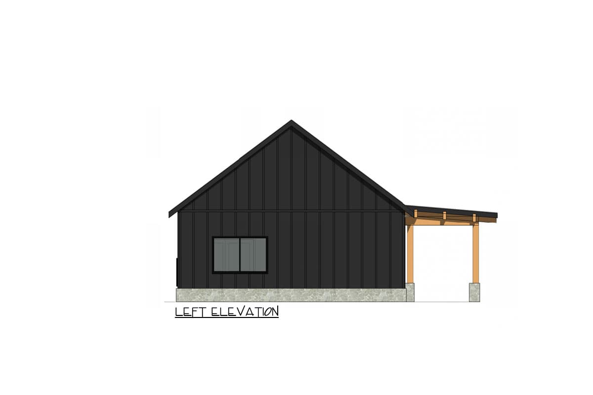Left elevation of a modern house plan featuring a gabled roof, metal siding, one window, and a covered porch.