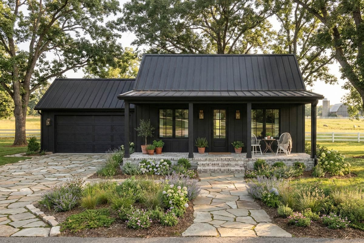 House plan exterior. Modern farmhouse style with black metal roof, front porch with columns, and attached garage. One story.