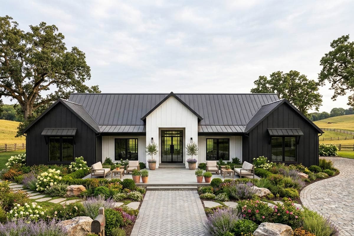 House plan exterior featuring a modern farmhouse style. The one-story home has a metal roof, contrasting black siding, and prominent gables.