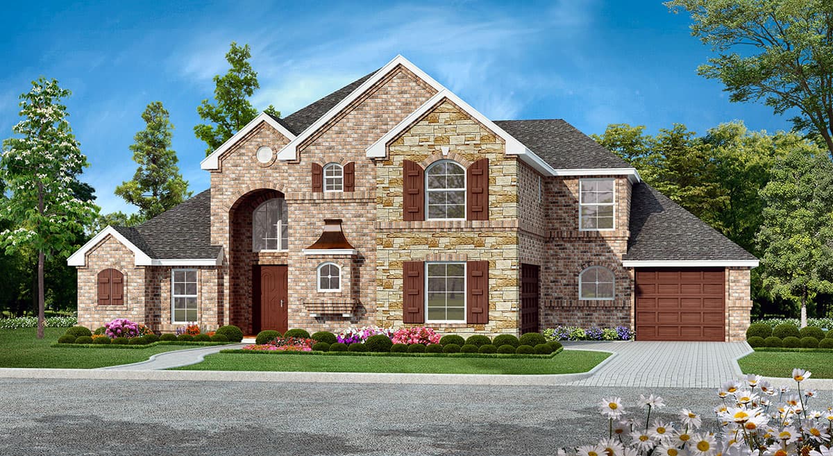 Two-story house plan exterior with brick and stone facade, arched entryway, multiple gables, and attached garage.