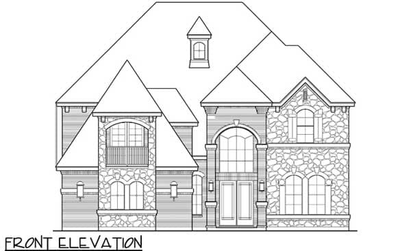 Front elevation drawing of a two-story house with stone accents, prominent gables, and a dormer.