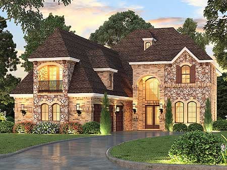 House plan exterior showing a two-story home with stone accents, arched windows, a balcony, and a prominent gabled roof.