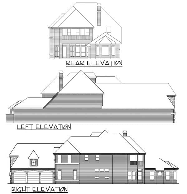 Architectural house plan with rear, left, and right elevations. Features include a three-car garage and multiple gables.