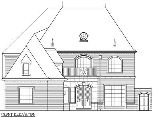 Front elevation drawing of a two-story house plan with mansard roof, dormer, balcony, and prominent entrance.