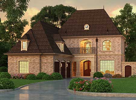French Provincial style house plan exterior with multi-story gables, arched windows, a balcony, and a three-car garage.
