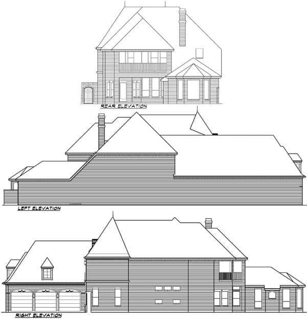 Rear, left, and right elevation drawings of a multi-story house plan with gables, dormers, and a three-car garage.
