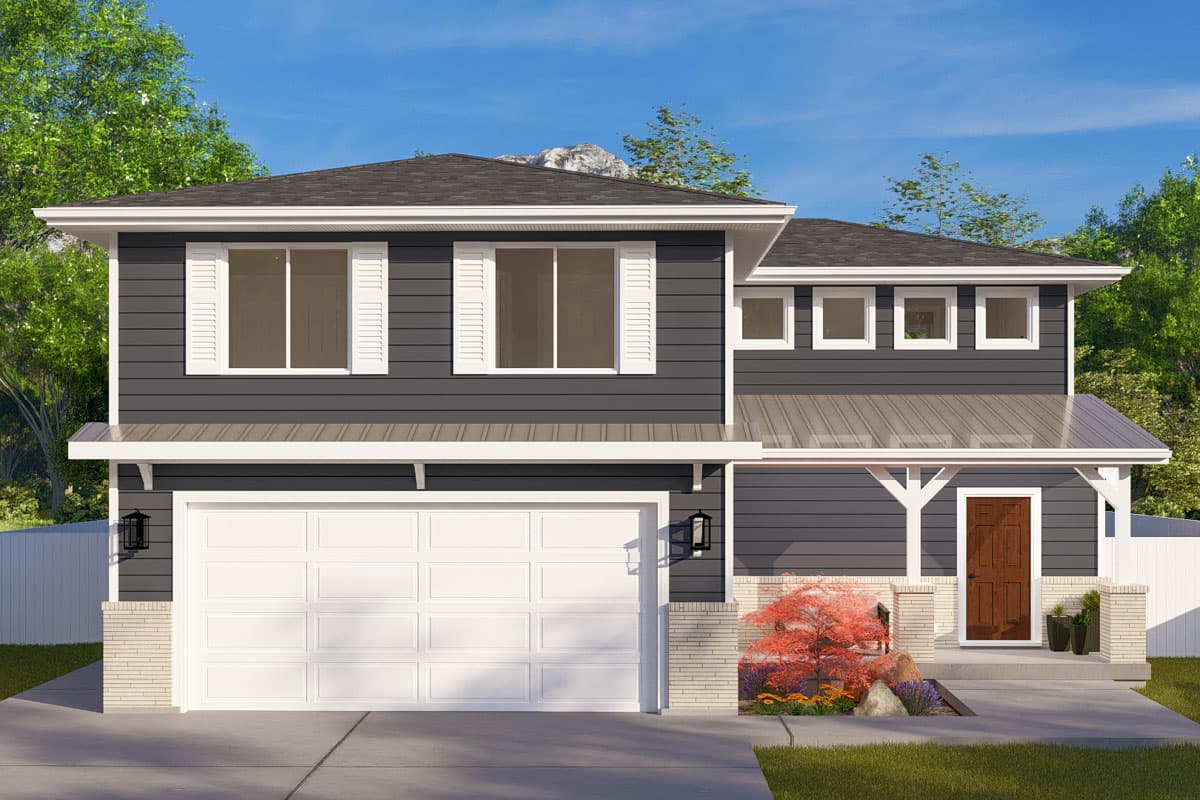House plan exterior. Two-story Modern house with board-and-batten siding. Features include a front-facing garage, metal roof, and covered entry porch.