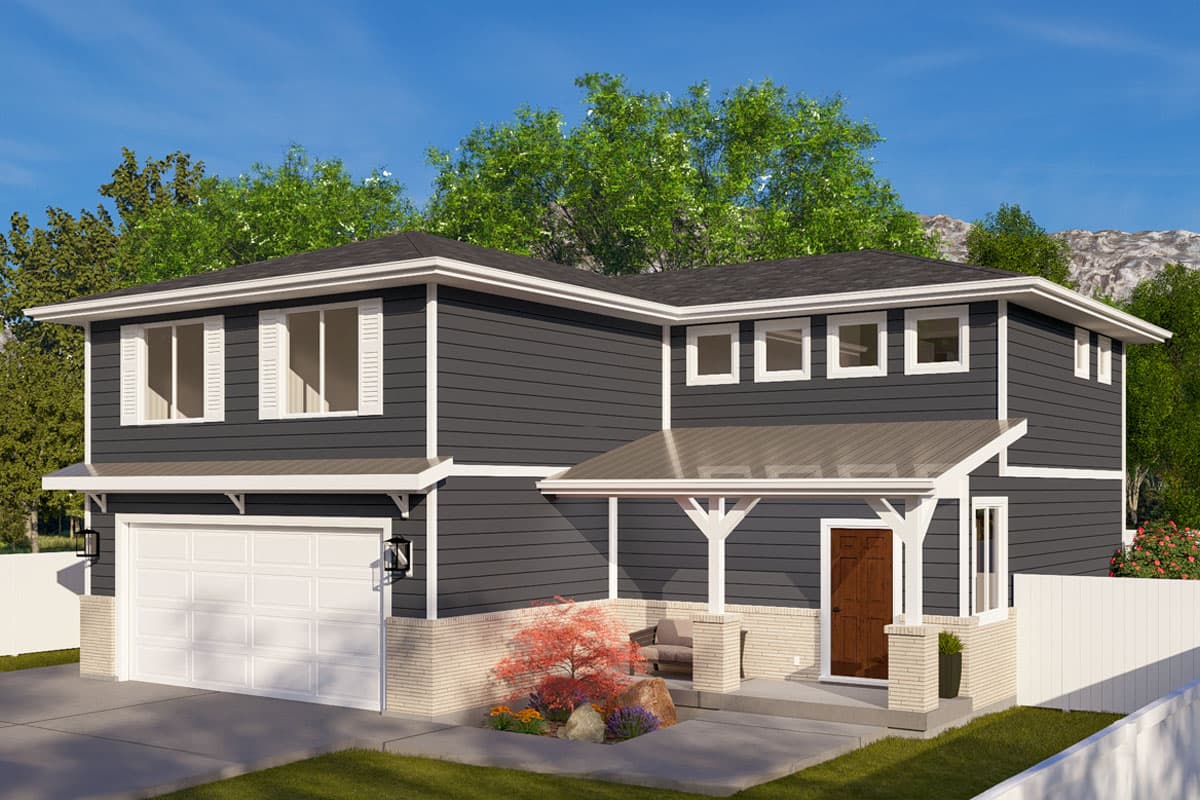 Two-story Modern Farmhouse plan exterior with horizontal siding, gabled roof, covered front porch, and attached two-car garage.