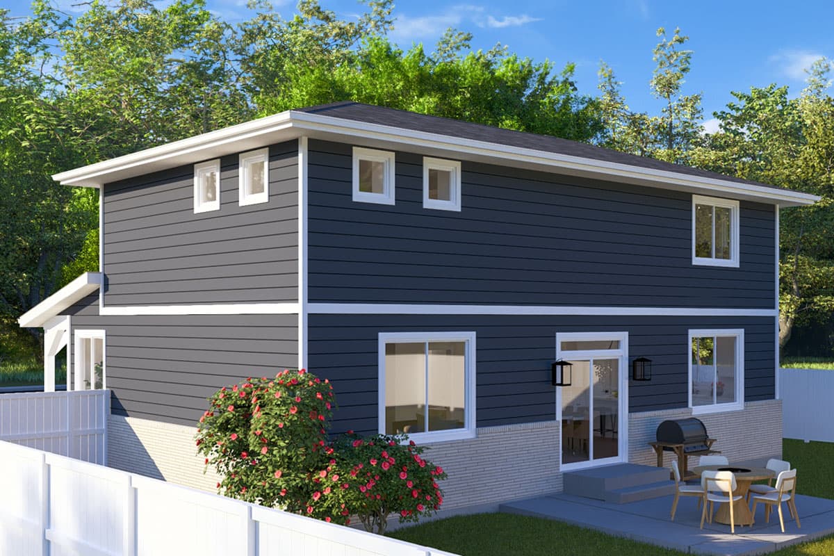 House plan exterior: Two-story modern home with dark siding, white trim, brick foundation, and patio with grill.