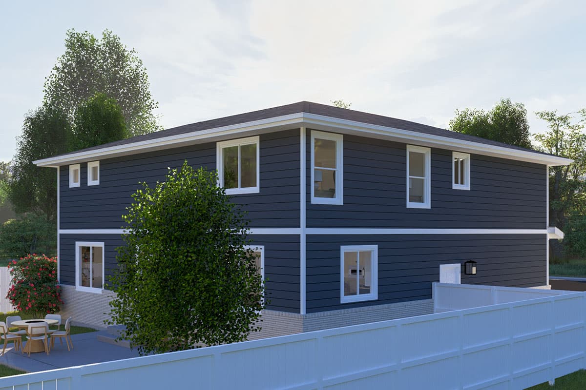 House plan exterior rendering of a two-story home with dark siding, white trim, brick foundation, and multiple windows.