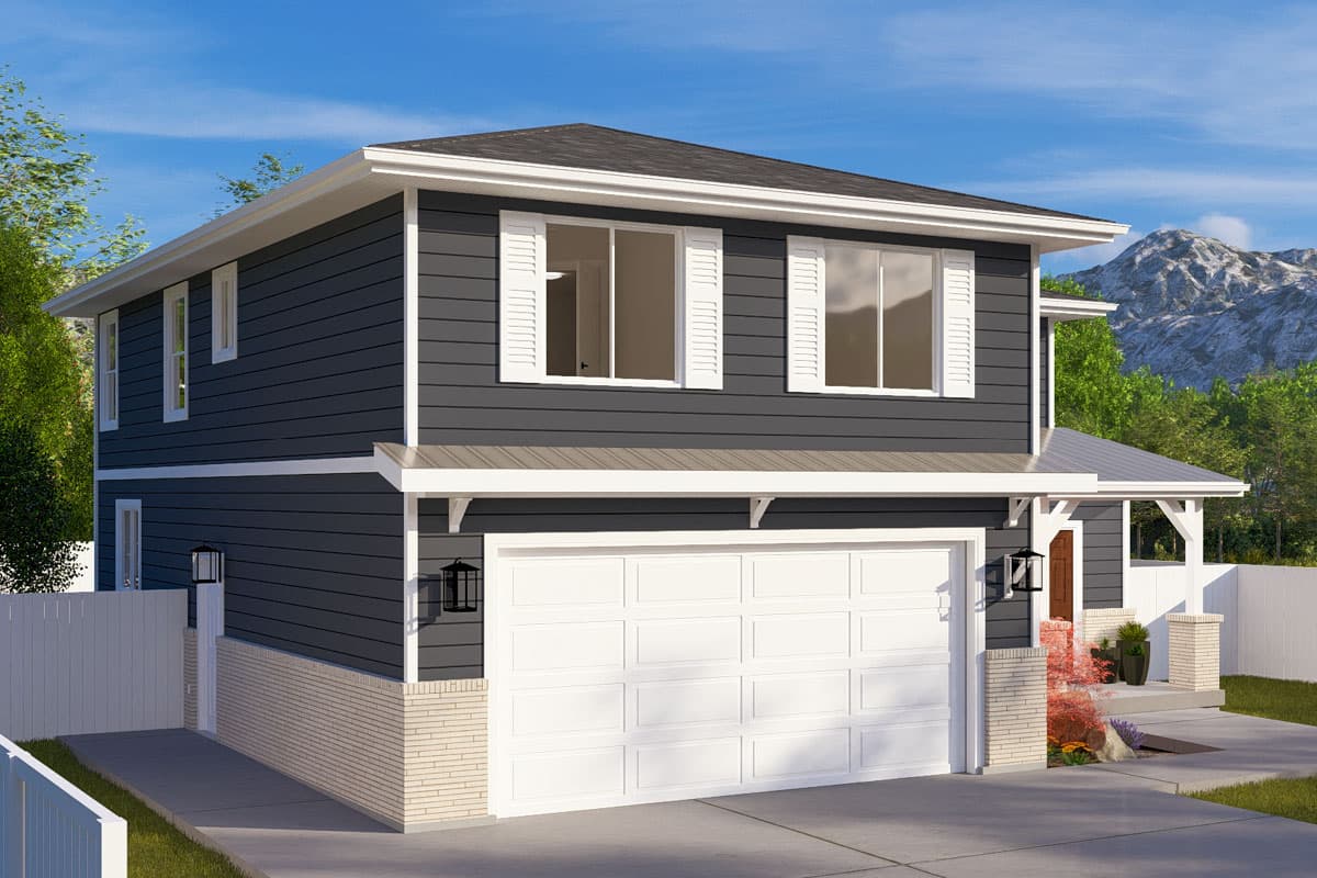 Two-story house plan exterior with dark siding, a white garage door, and a covered porch with brick columns.