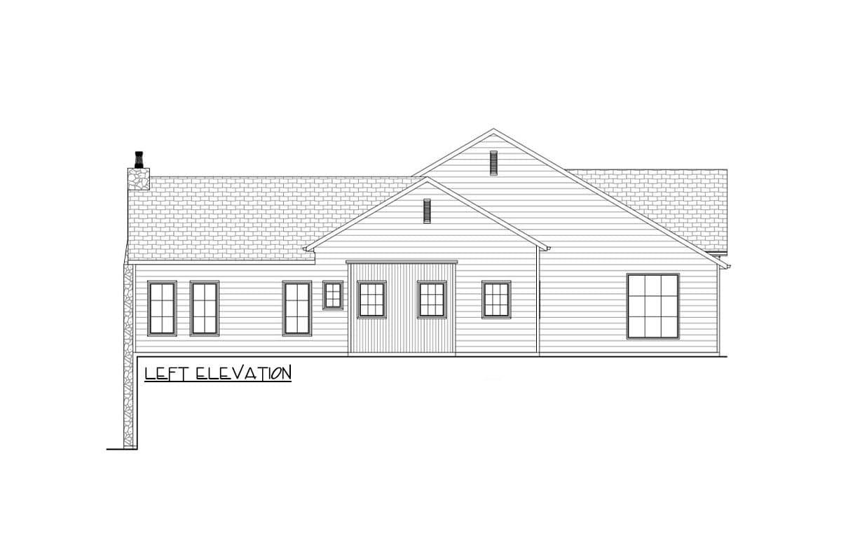 Left elevation drawing of a house plan with a stone chimney, gabled rooflines, and several windows.