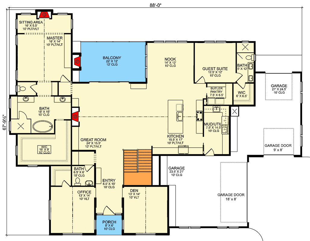 Plan 580121DFT: 4-Bed Mountain Ranch House Plan with Master Suite Sitting Area - 4845 Sq Ft - Floor Plan - Main Level - Mountain, New American, Ranch