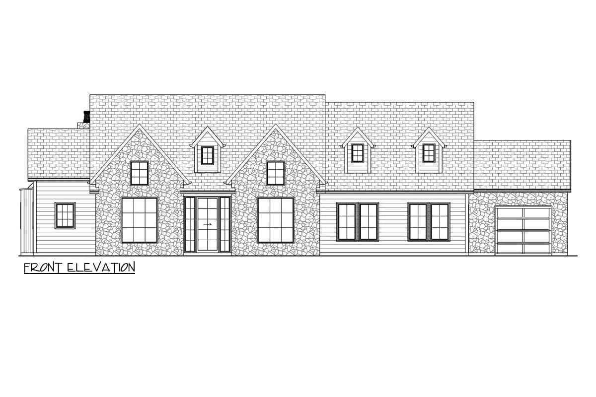 Front elevation drawing of a two-story house with stone accents, dormers, and attached garage.