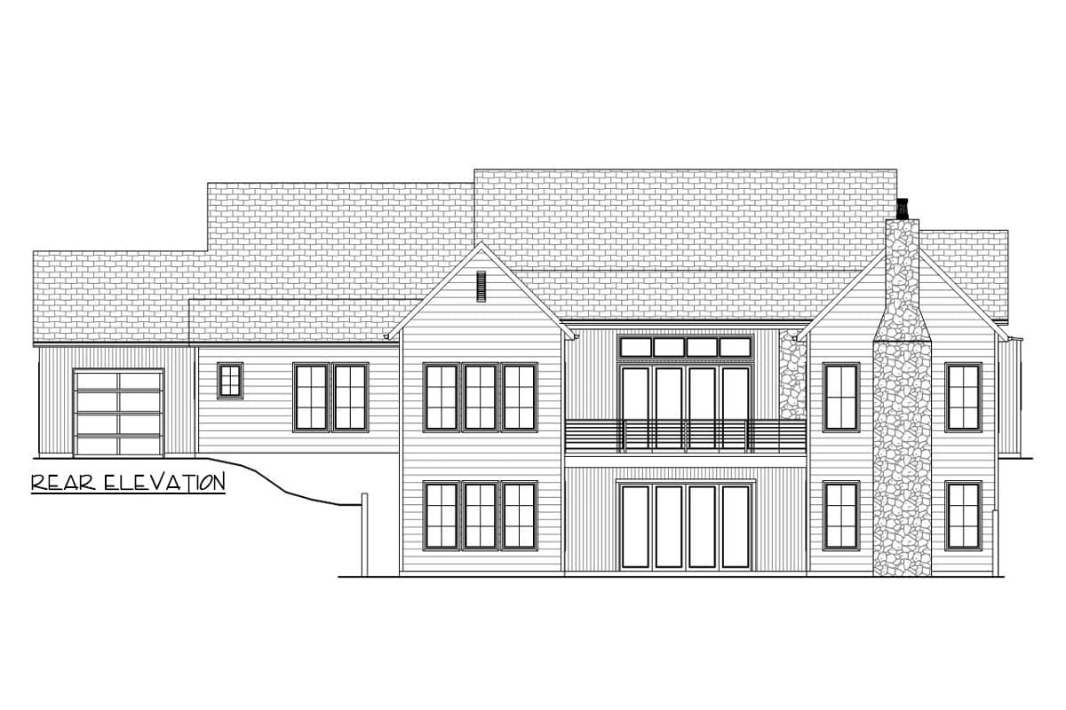 Rear elevation drawing of a house plan with a two-car garage, multiple windows, and a stone chimney.