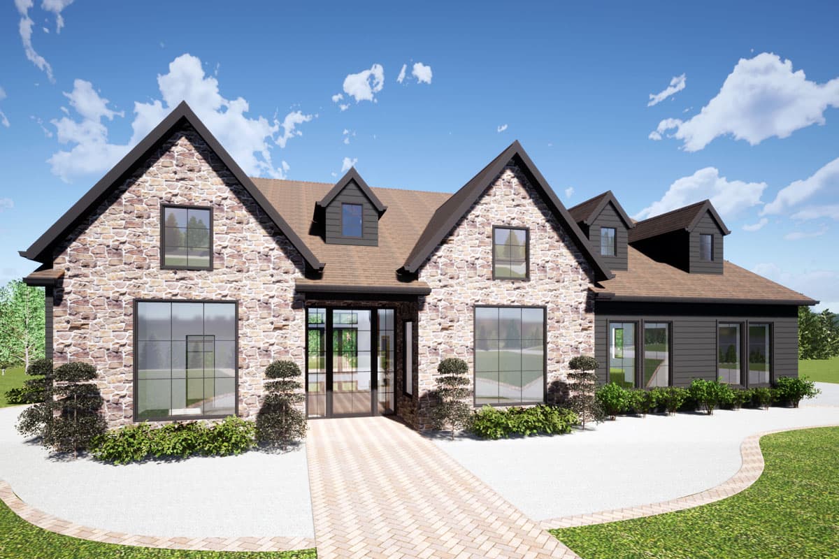 House plan exterior. Two-story home with stone facade, multiple gables, dormers, and a brick paver walkway leading to the front door.