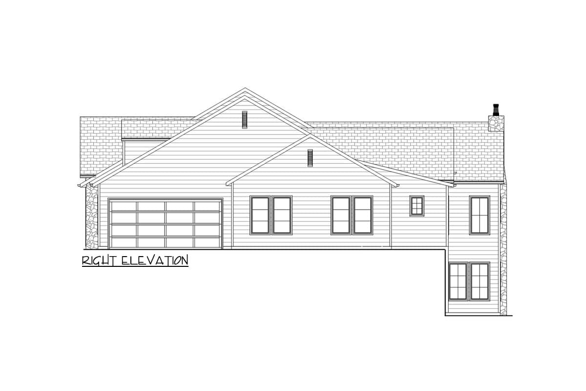 Right elevation drawing of a house plan featuring a garage, multiple gables, and stone accents.