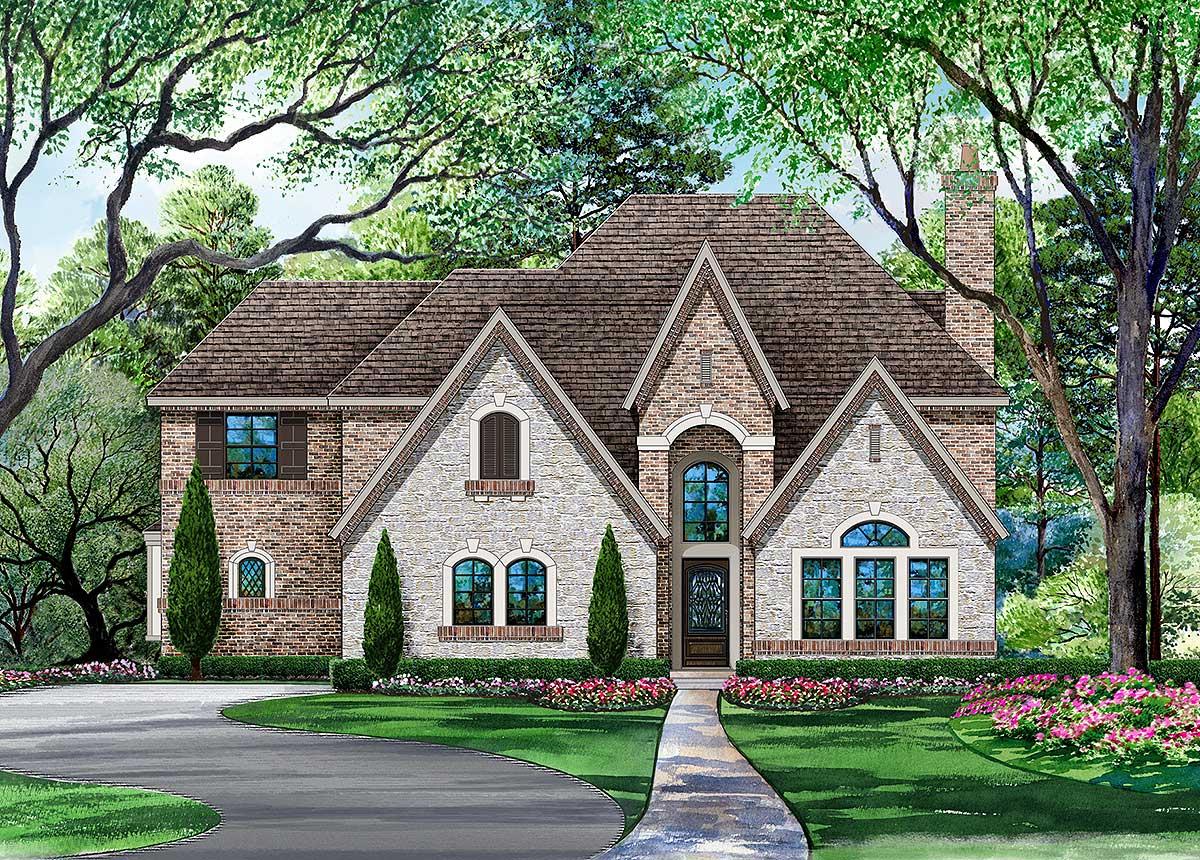 House plan exterior: two-story, brick and stone facade, steeply pitched roof, arched windows, dormers, and brick chimney.