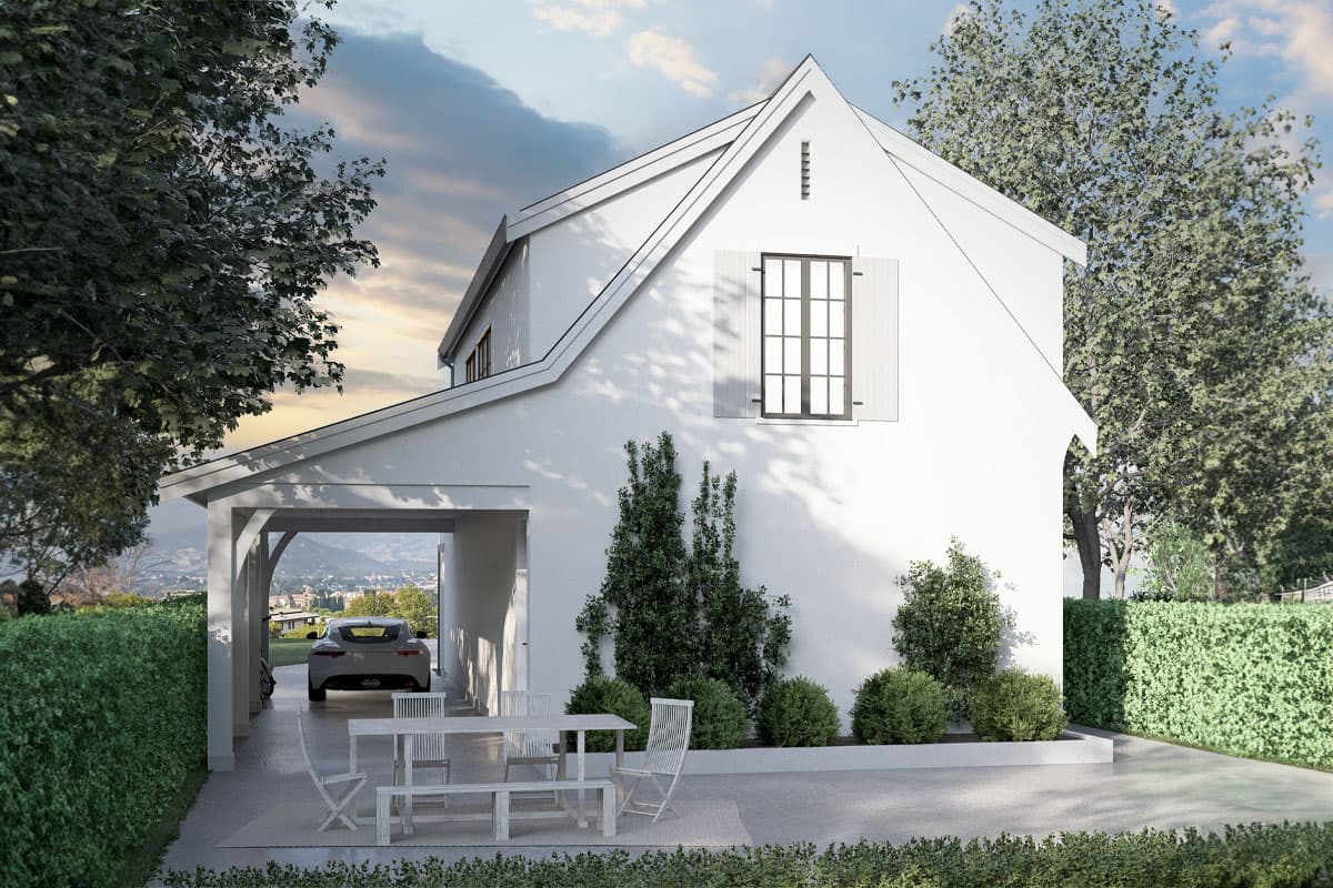 House plan exterior: Modern Farmhouse style, two stories, covered carport, gable rooflines, and a single dormer window.