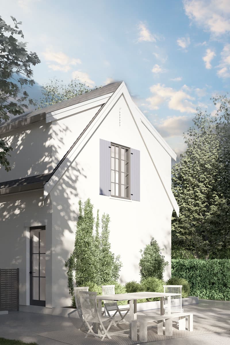 House plan exterior: Steep gable roofline, one story, prominent front gable with a single window featuring shutters.