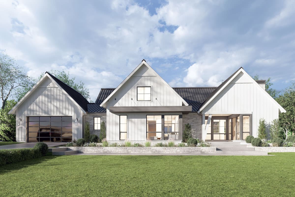 Modern Farmhouse house plan exterior with multiple gables, board and batten siding, and a glass-paneled garage door. One-story home.