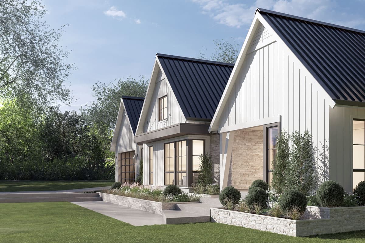 Modern Farmhouse house plan exterior with gabled rooflines, vertical siding, stone accents, and a detached garage.