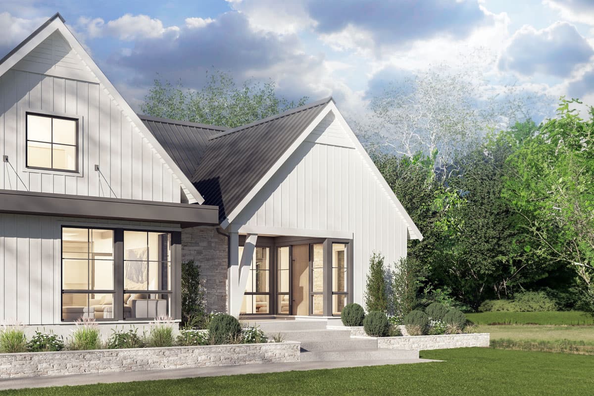 Modern Farmhouse house plan exterior with board and batten siding, metal roof, large windows, and stone accents.