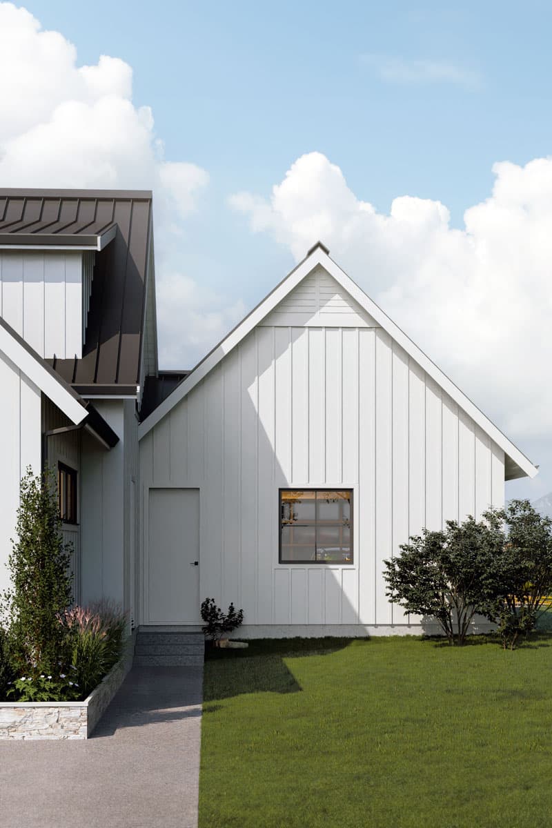 Modern Farmhouse house plan exterior with vertical siding, gable roof, and a single window.