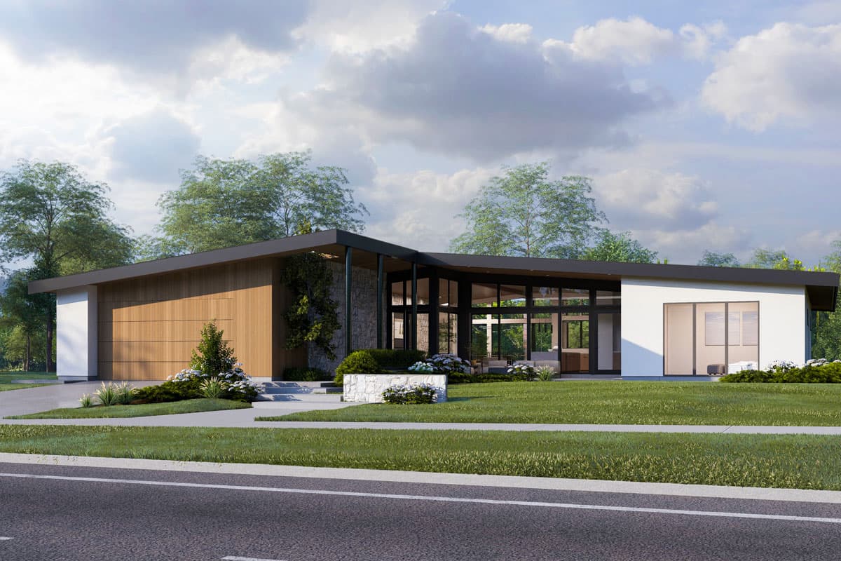 House plan exterior. Mid-century modern style, single-story home with flat roof, floor-to-ceiling windows, and wood siding accent wall.