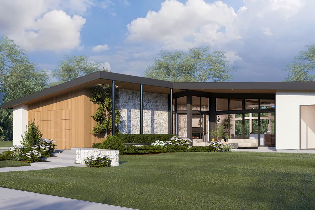 House plan exterior: modern single-story with stone and wood facade, large windows, flat roof, and attached garage.