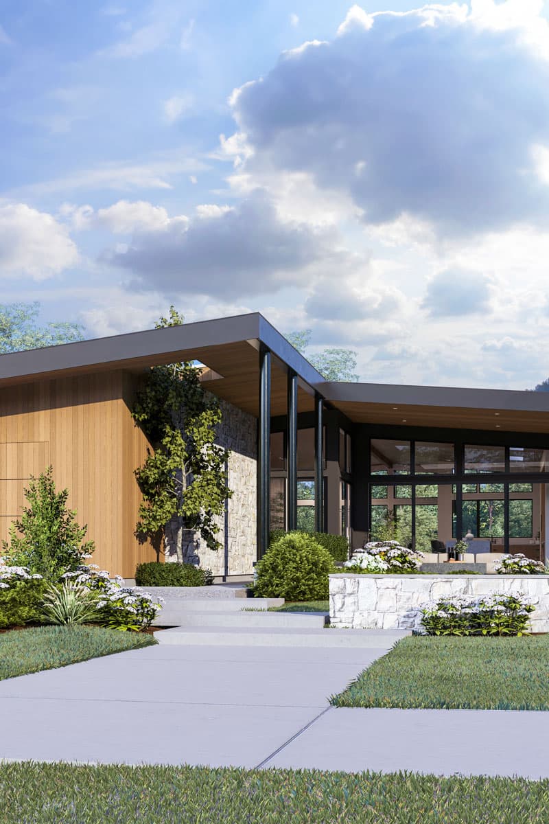Modern house plan exterior with stone and wood facade, cantilevered roof, and large glass walls.