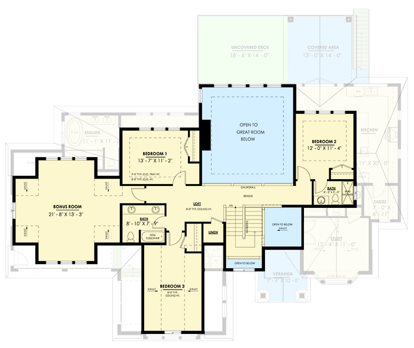 Plan 270107AF: 4-Bed Craftsman House Plan with Two-Story Great Room - 3618 Sq Ft - Floor Plan - 2nd Floor - Country, Craftsman, New American, Traditional