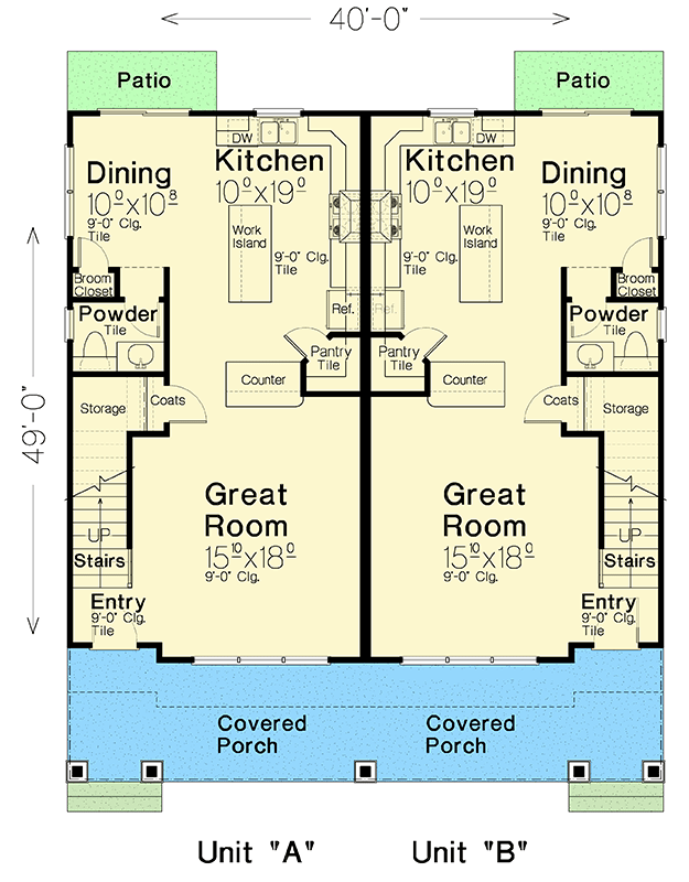Plan 48630FM:  Traditional 2-Story Duplex House Plan with Detached Garage - 1473 Per Unit - Floor Plan - Main Level - Country, Traditional