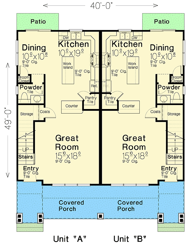 Plan 48631FM: 3-Bed Traditional Duplex House Plan with Detached Garage - 1473 Per Unit - Floor Plan - Main Level - Country, Traditional