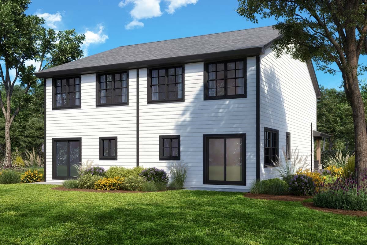 Two-story house plan exterior with white lap siding, dark trim windows, and a gabled roof.