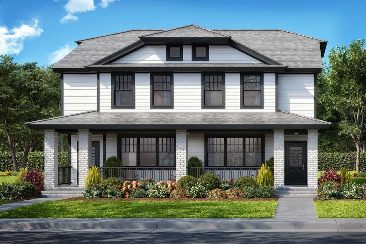 House plan exterior. Two-story with a covered porch and gable roof. Features include a symmetrical facade, multi-pane windows, and brick columns.