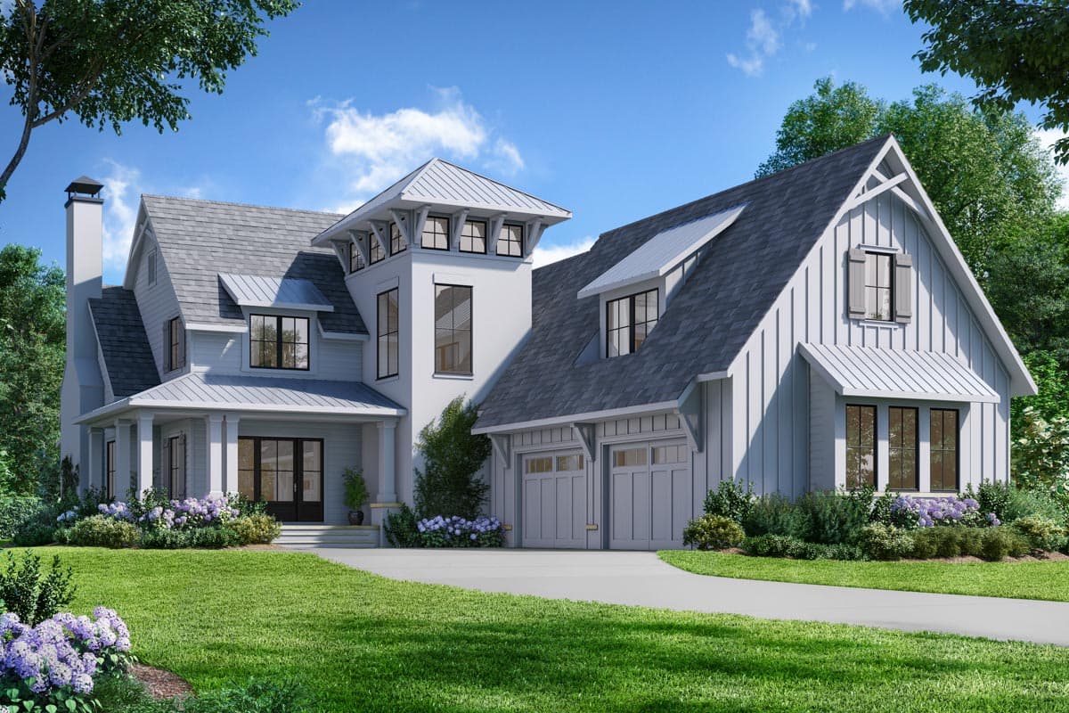 House plan exterior: Modern Farmhouse style, two stories, with a covered front porch, prominent gables, and a three-car garage.