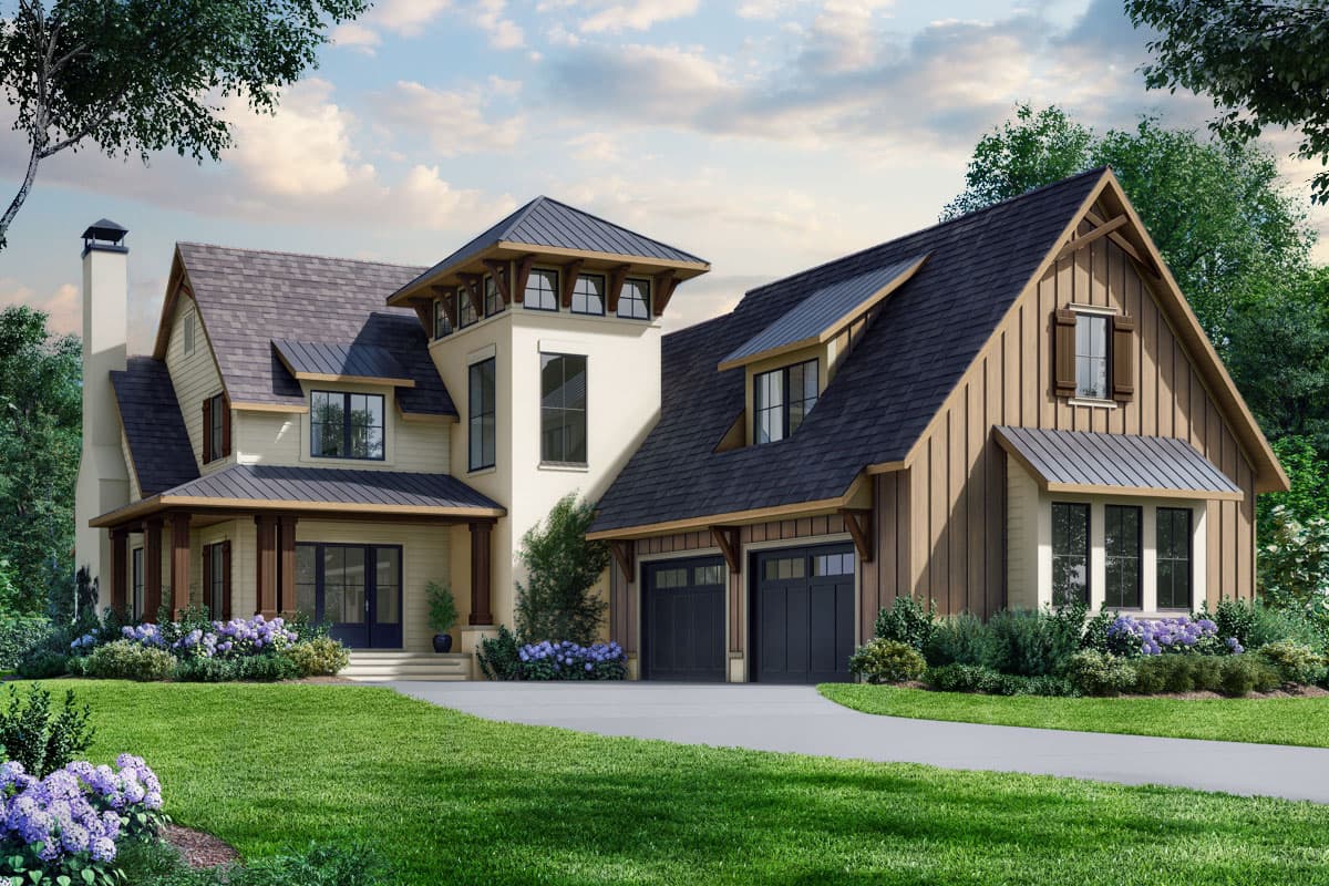 House plan exterior. Two-story Modern Farmhouse with gabled rooflines, detached garage, and front porch with dark columns.