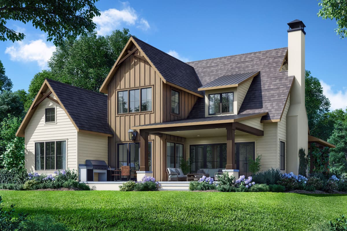 House plan exterior: Two-story Modern Farmhouse with board and batten siding, gables, dormer, covered porch, and stone chimney.