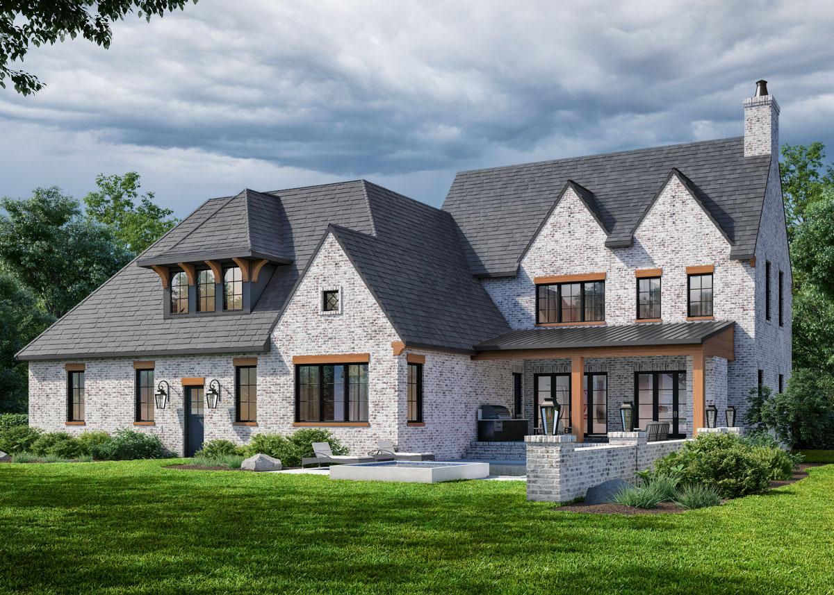 House plan exterior: Two-story Modern Farmhouse with white brick, dark gable roofs, dormer windows, and a covered rear porch.