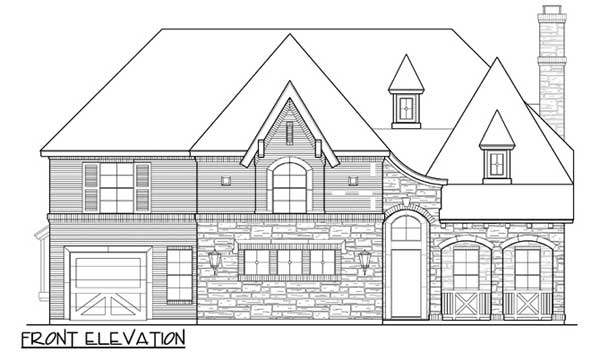 Front elevation drawing of a two-story house plan with a garage, arched entry, dormers, and varied rooflines.