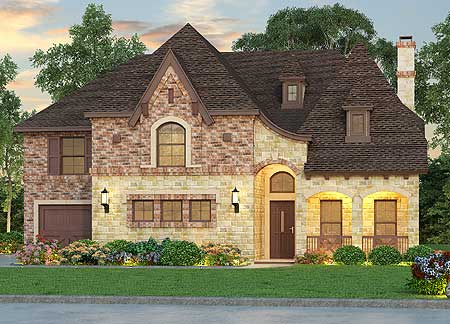 House plan exterior: Two-story home with brick and stone facade, prominent gables, arched entryway, and dormer windows.