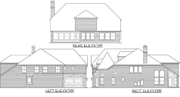 House plan elevations: rear, left, and right views. Features include a garage, dormers, chimneys, and various window styles.